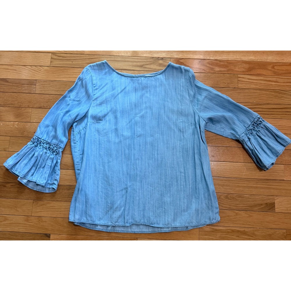 Crown & Ivy Womens Blue Lyocell Bell Sleeve Smocked Blouse Top Large L RN 31104